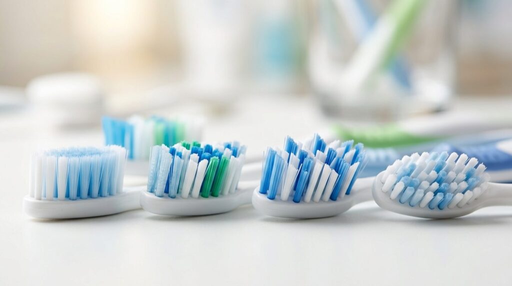 Close-up macro photography of toothbrush bristles in differe