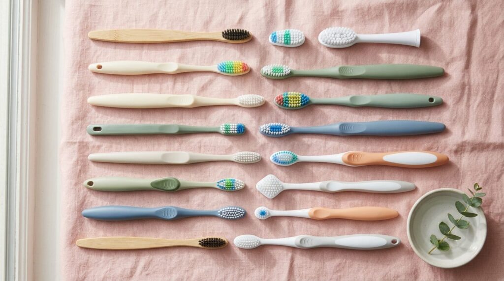 Overhead flat lay of various toothbrush designs displaying d