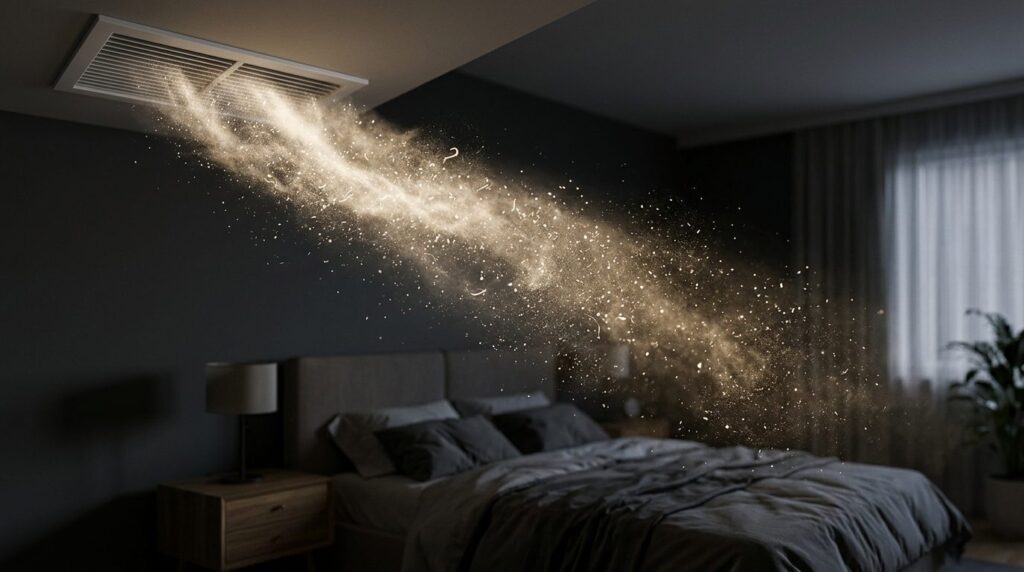 Indoor air quality visualization showing dust particles and 