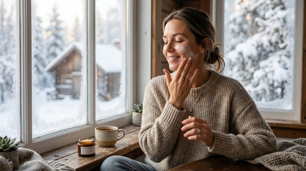 Woman applying hydrating skincare cream to her face in winte