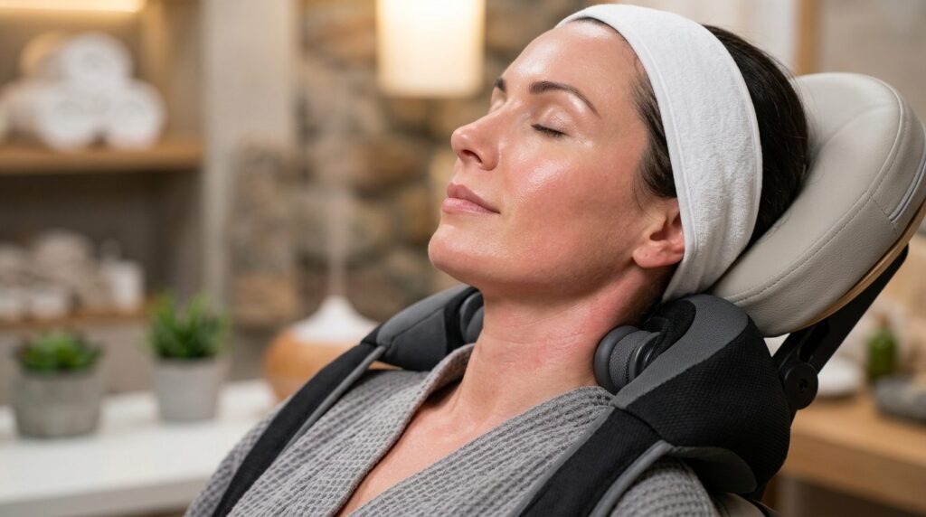 Clinical skincare close-up of a womans face and neck receiv