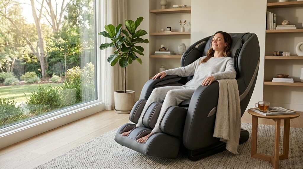 Wide shot of a modern massage chair in an elegant home welln