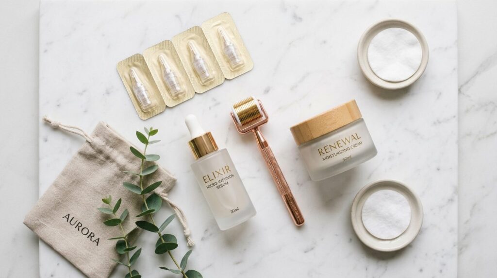Flat lay composition of a micro infusion home kit with premi
