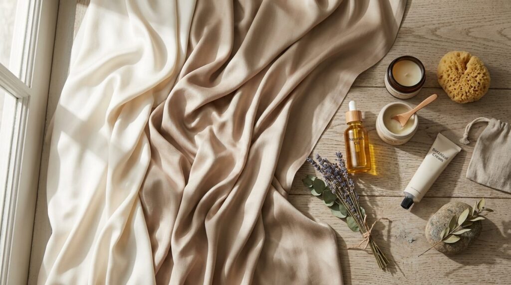 Flat lay product photography: Soft, draped bamboo fabric in 
