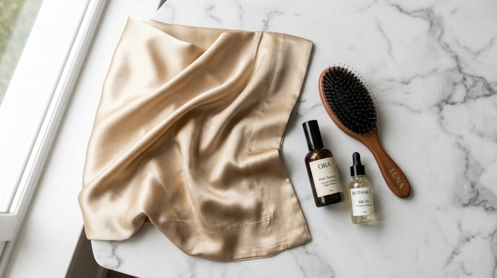 Flat lay product photography: Silk pillowcase in luxurious c