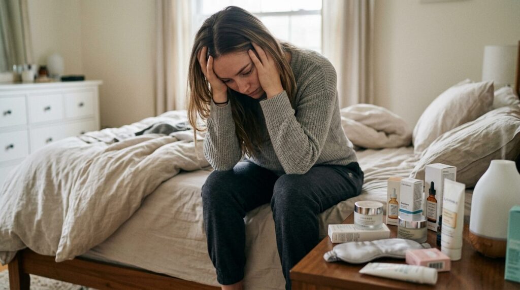 Wellness and self-care photography: Woman sitting on bed in