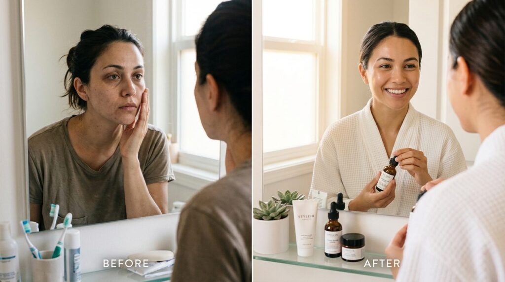 Beauty routine and skincare recovery photography: Before-and