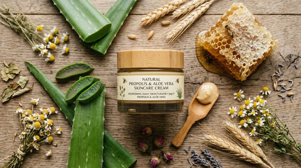 Flat lay overhead shot of a luxurious natural propolis and a