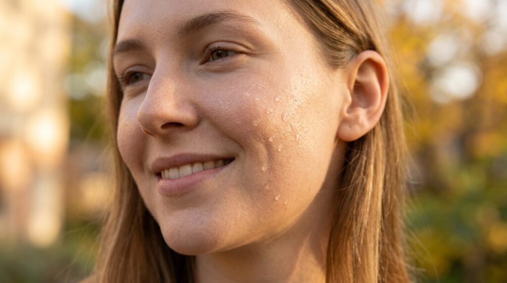 Close-up dermatological portrait of healthy hydrated skin te