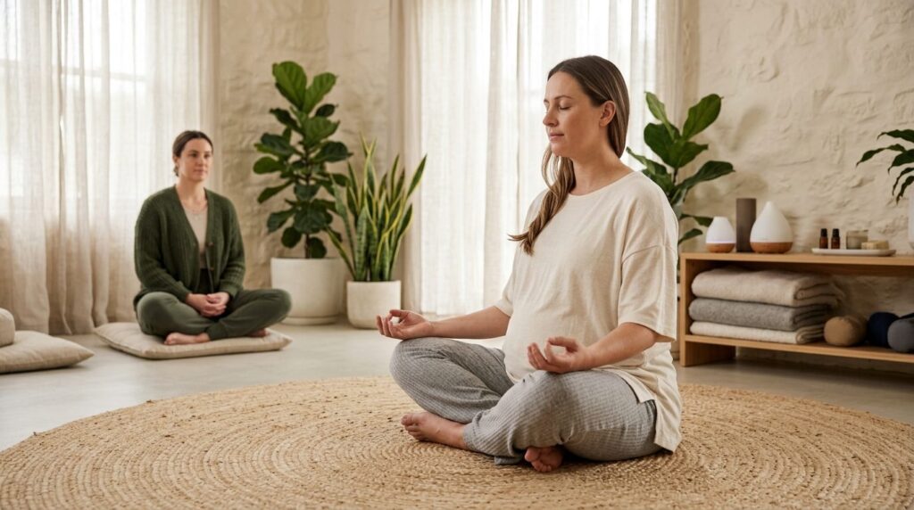 Wide shot of a pregnant woman in comfortable loungewear medi