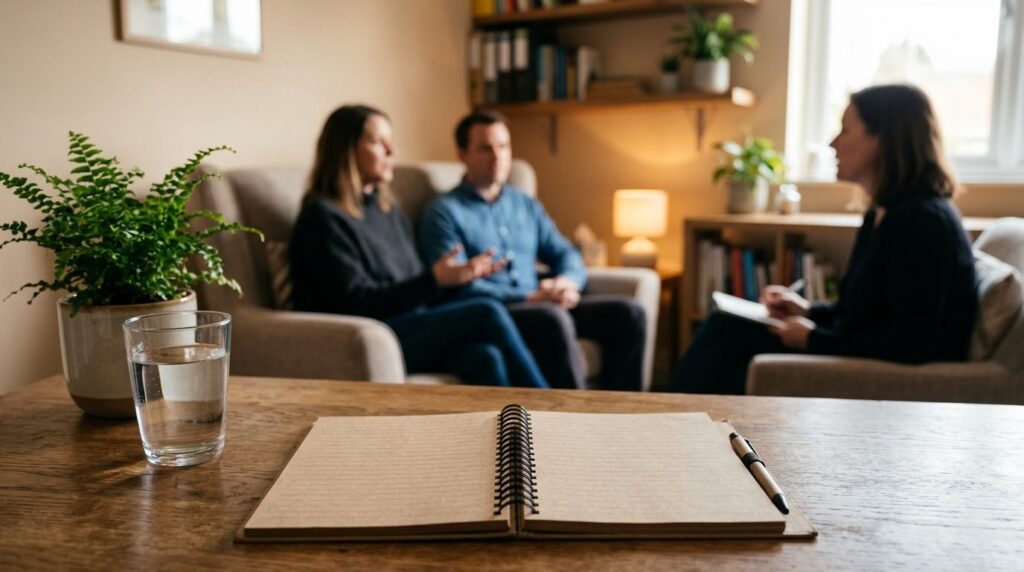 Therapists office detail shot featuring a notepad on a desk