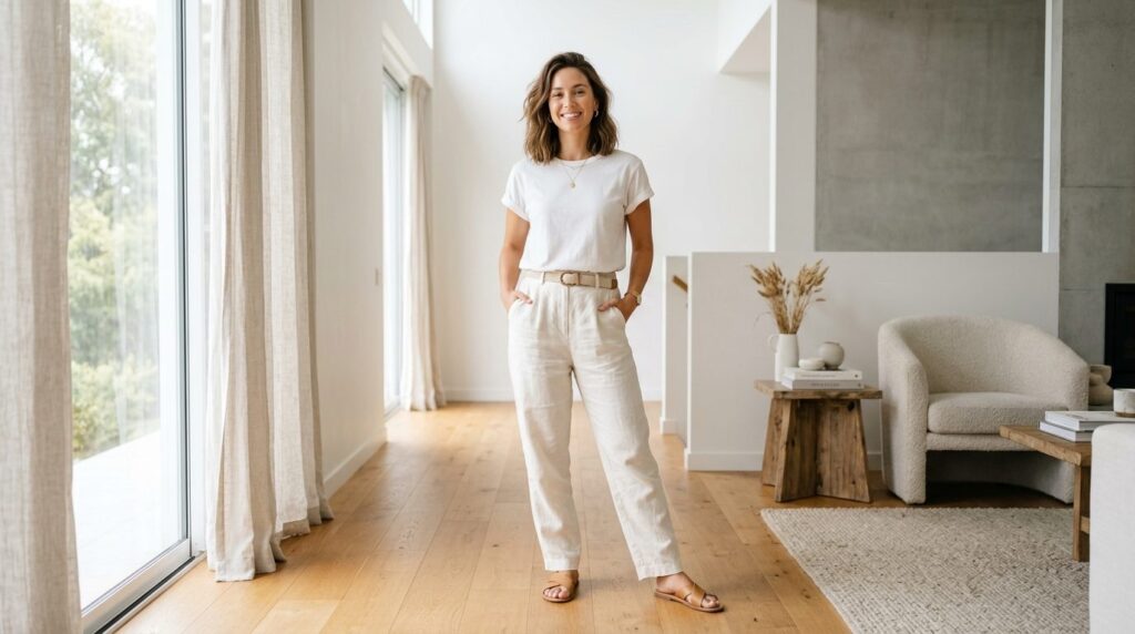 Full-body lifestyle shot: Young woman in a relaxed white t-s