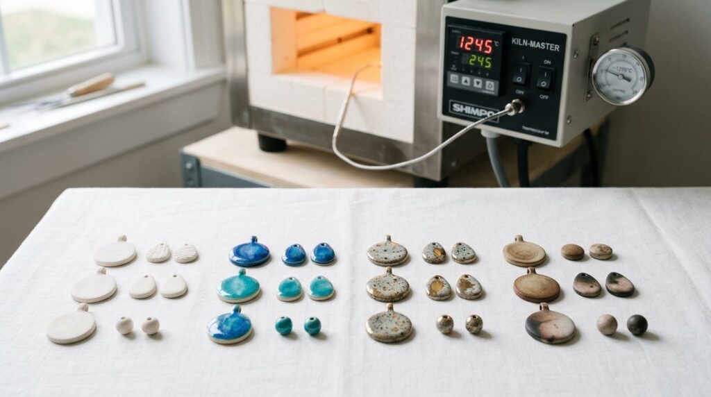 Minimalist flat lay of ceramic jewelry samples with temperat