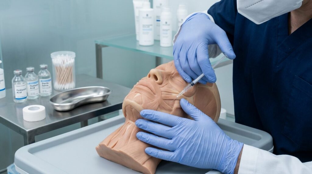 Close-up of dermatologist hands demonstrating non-surgical t