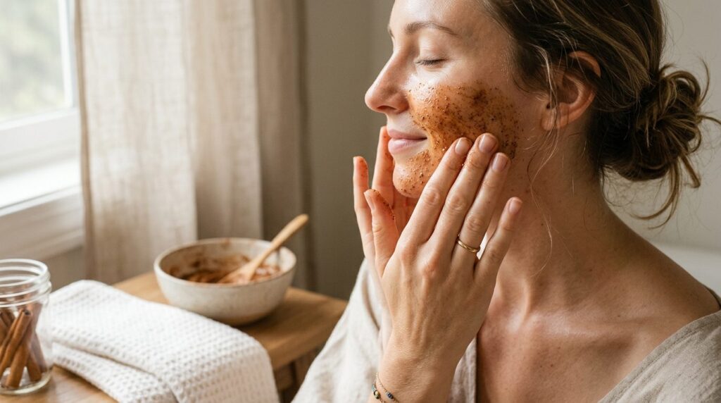 Close-up beauty skincare shot: Womans hands applying a home