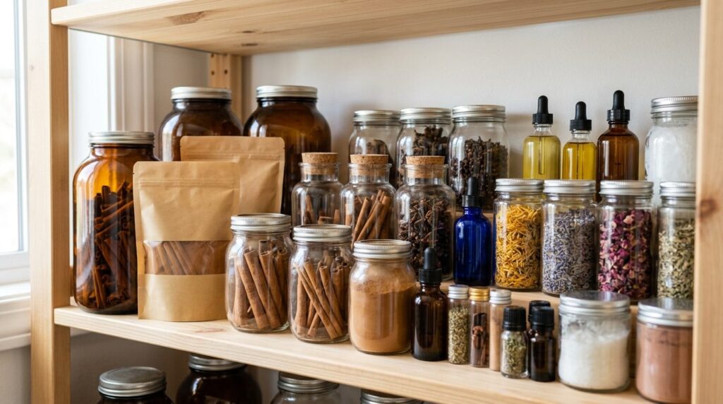 Organized pantry or storage shelf photography: Bulk cinnamon