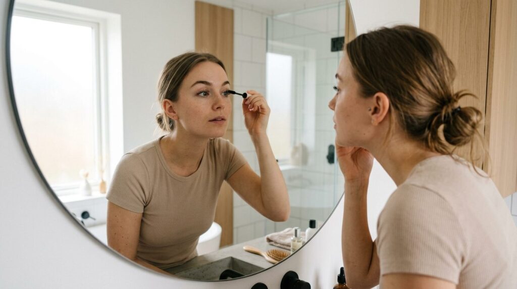 Young woman applying makeup in modern bathroom mirror, focus