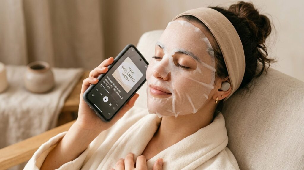 Close-up of womans face during skincare routine with sheet 