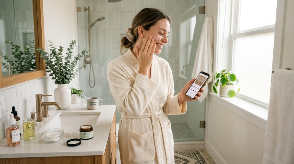 Morning skincare ritual: woman in bathroom applying moisturi