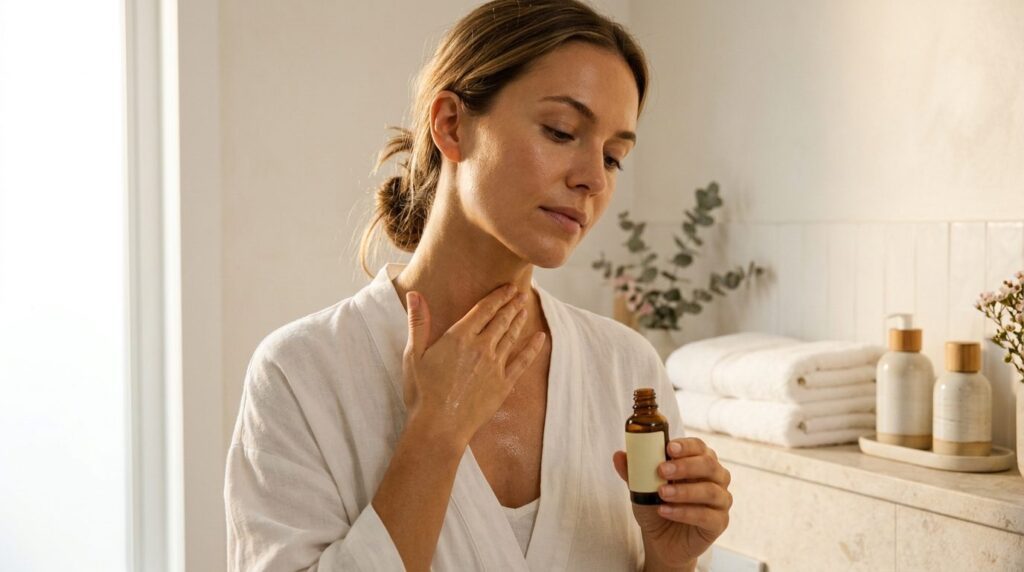 Realistic beauty routine photography, 16:9 format. Woman app