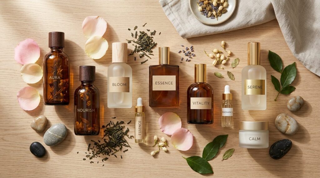 Flatlay beauty composition, 16:9 ratio. Multiple luxury frag