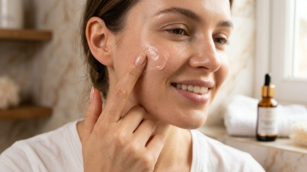 Close-up dermatological skincare routine photography: woman