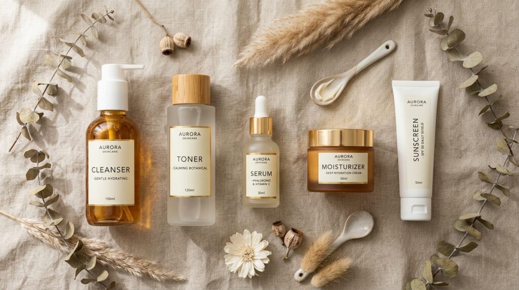 Flat lay product photography of complete skincare routine es