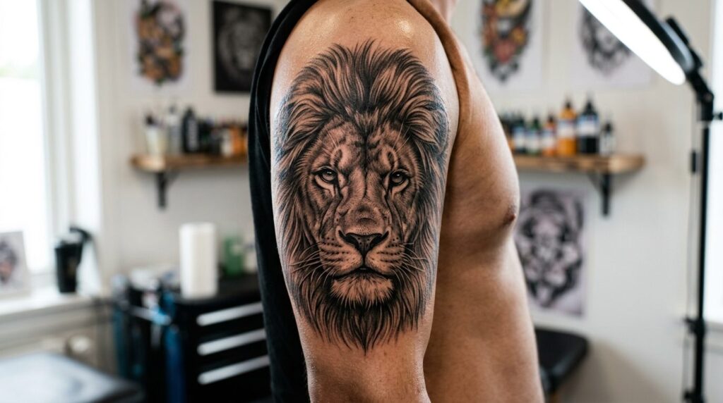 Close-up of a completed photorealistic animal tattoo showing