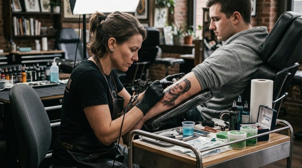 Experienced female tattoo artist concentrating while working
