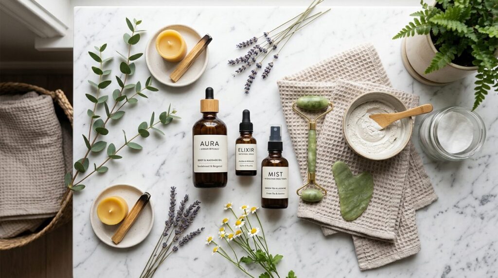 Urban wellness lifestyle flat lay overhead shot, massage oil