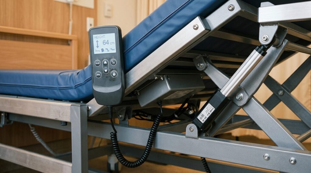 Close-up detail shot of an adjustable care beds control pan