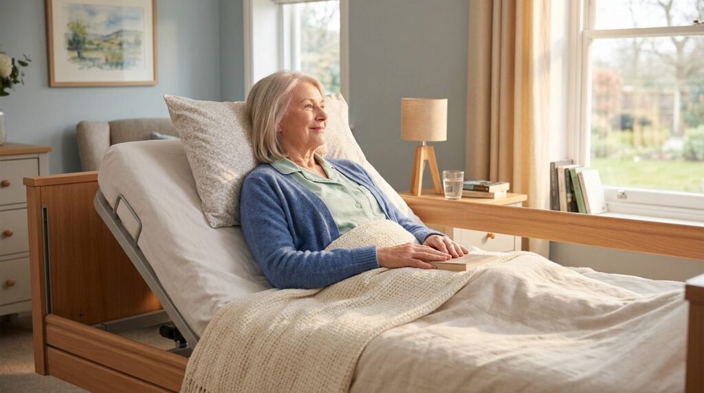Comfortable elderly person resting on an adjustable care bed
