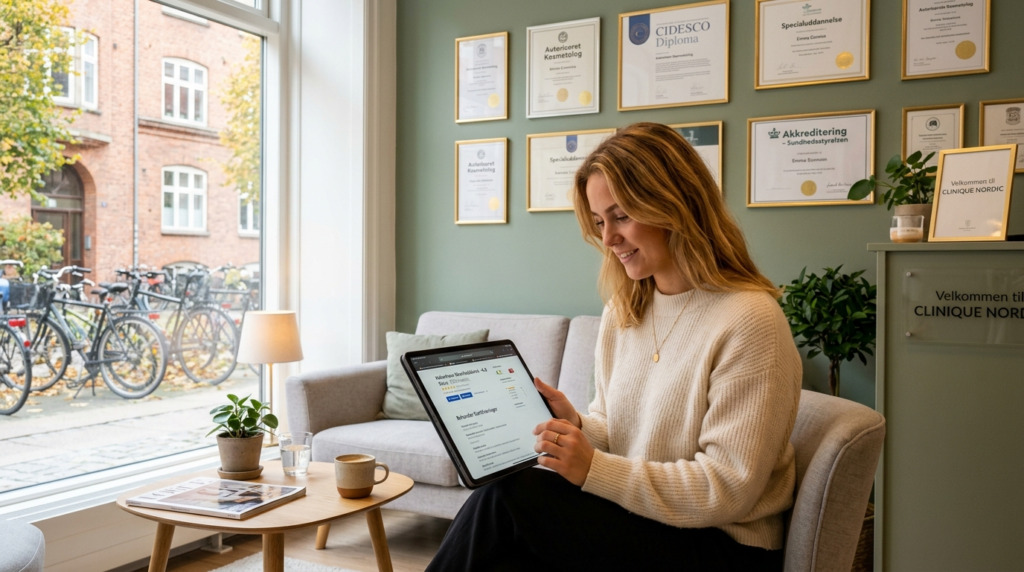 Female customer reading online reviews and checking credenti