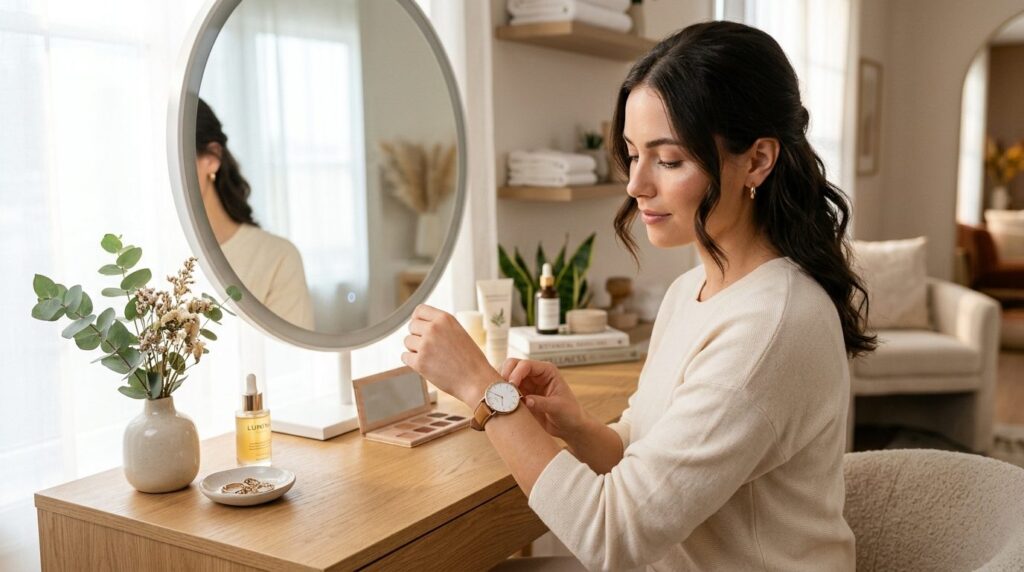 Professional beauty and wellness image: Woman adjusting a mi