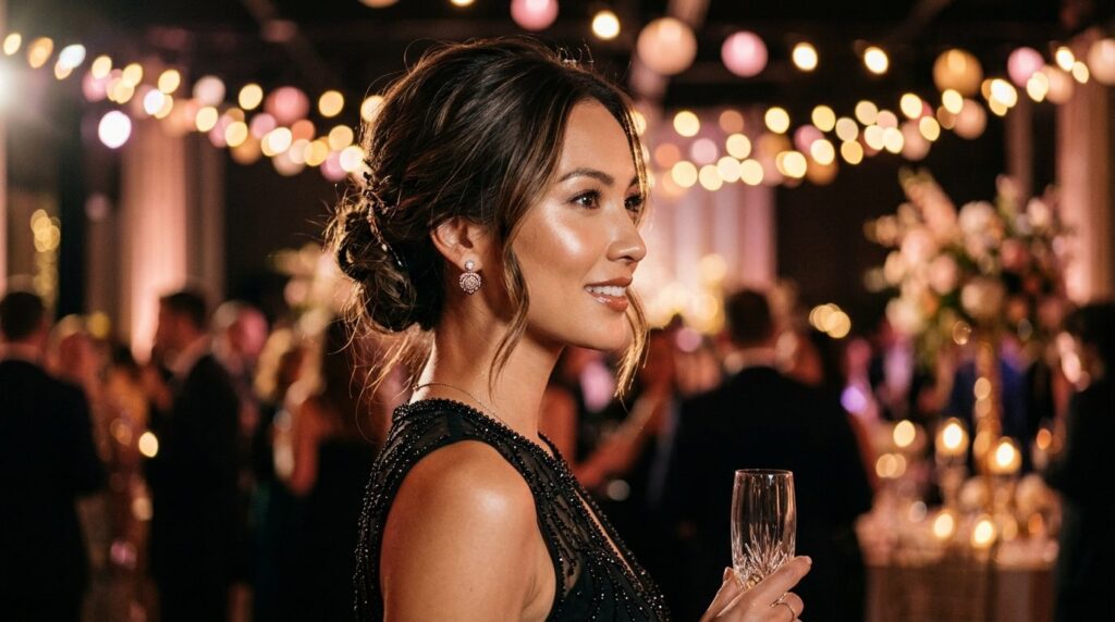 Side profile of an elegant woman at an upscale evening event
