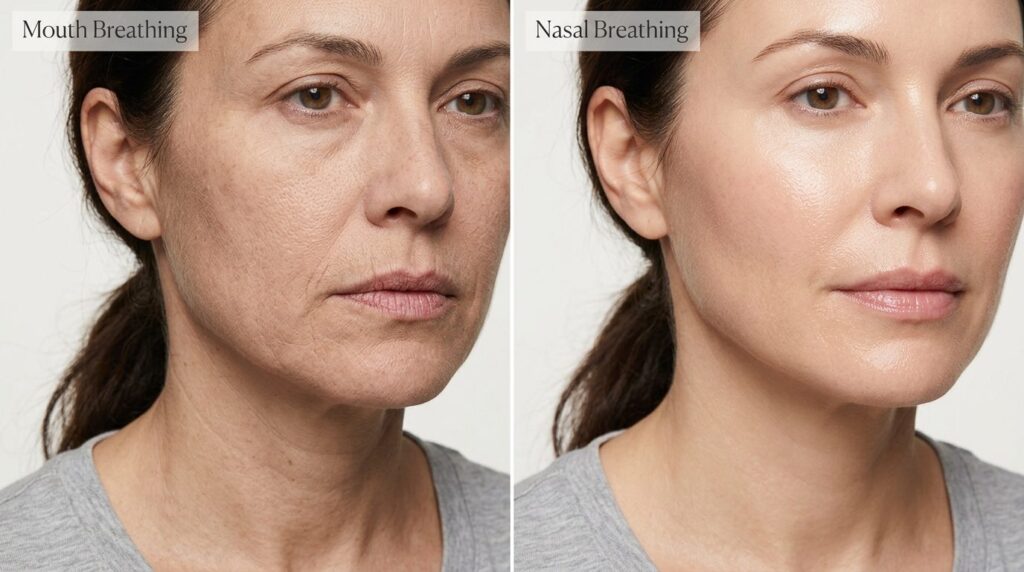 Close-up split-screen beauty comparison: Left side shows wom