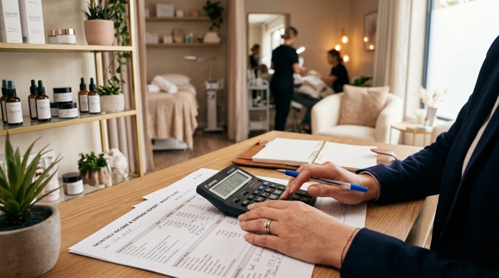 Close-up of womans hands holding calculator and reviewing f