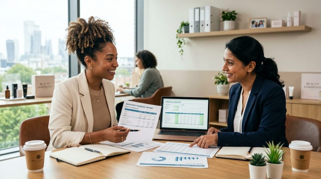 Young female beauty business owner smiling while discussing