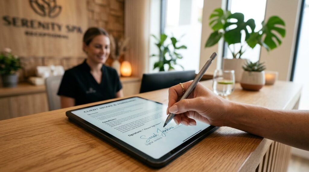Close-up of female hand signing digital document on tablet s