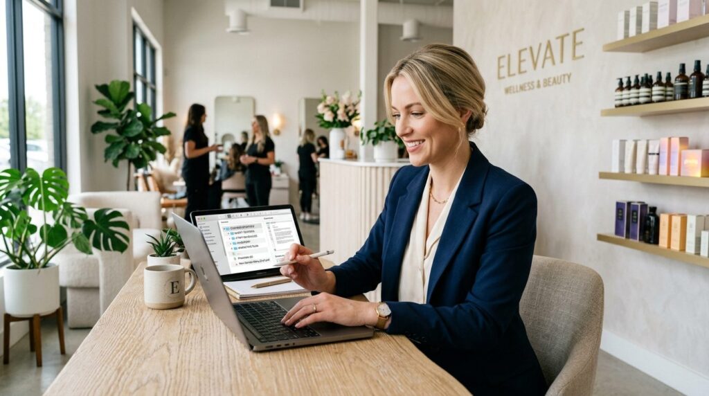Beauty business owner reviewing digital paperwork on laptop