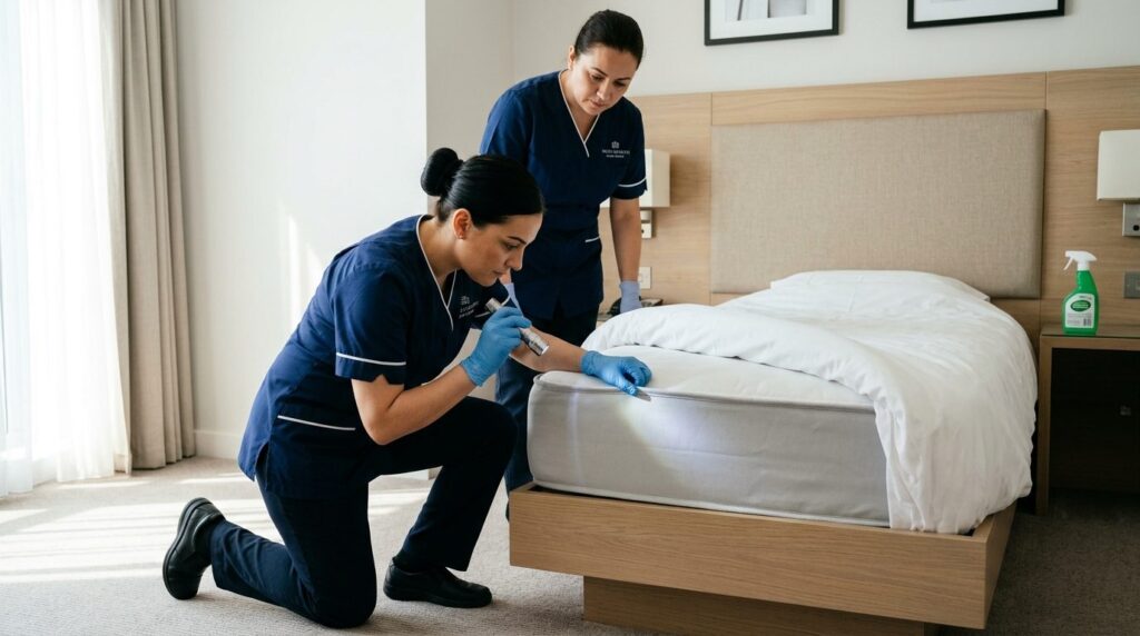 Hotel housekeeping staff in professional uniform inspecting