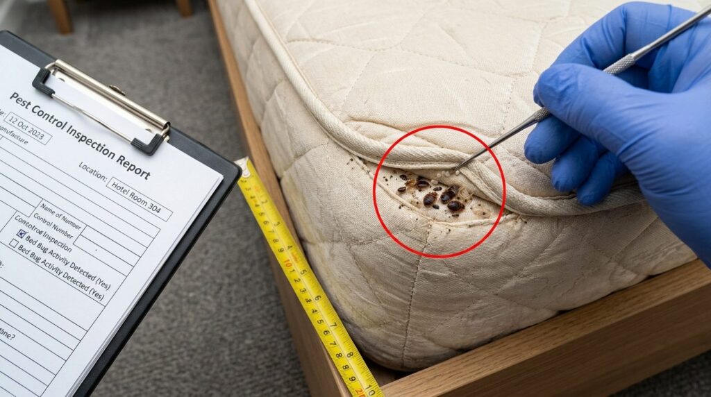 Detailed close-up of hotel mattress corner and fabric textur