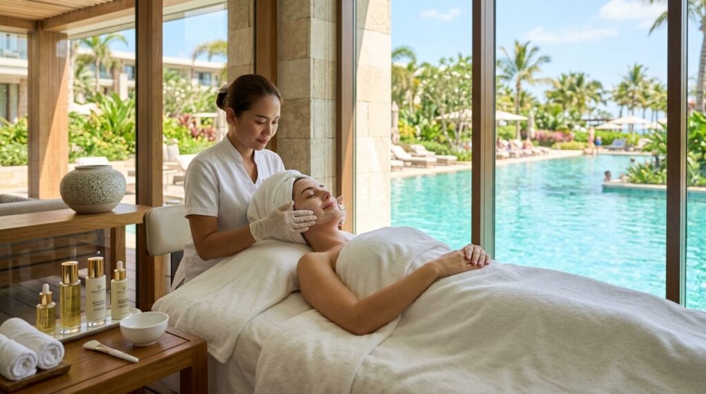 Woman enjoying facial spa treatment in elegant poolside well